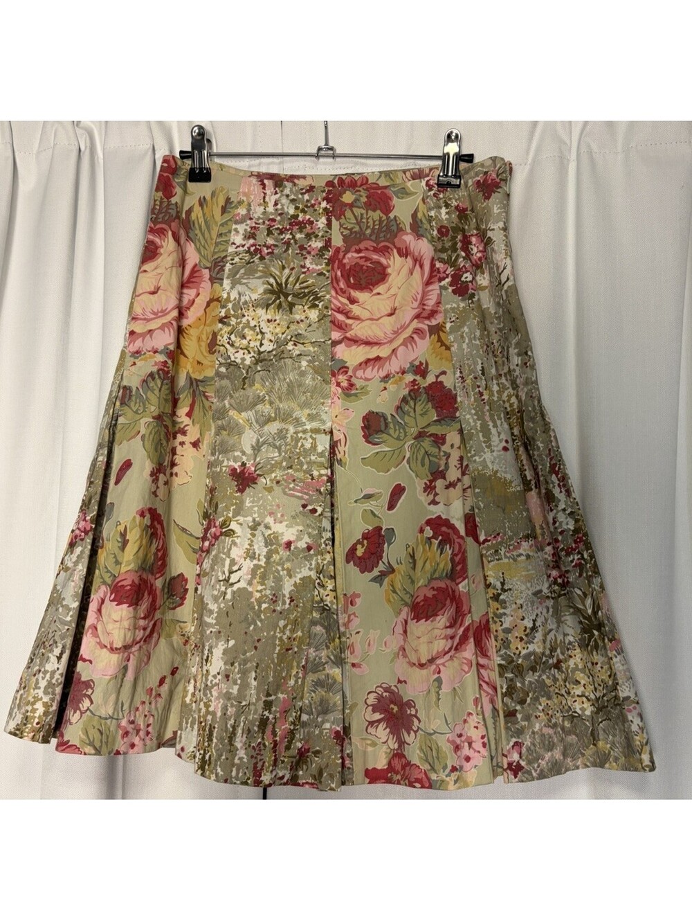 Y2K Vintage Anthropologie Elevenses Pink Green Floral Cotton Pleated Skirt US 2